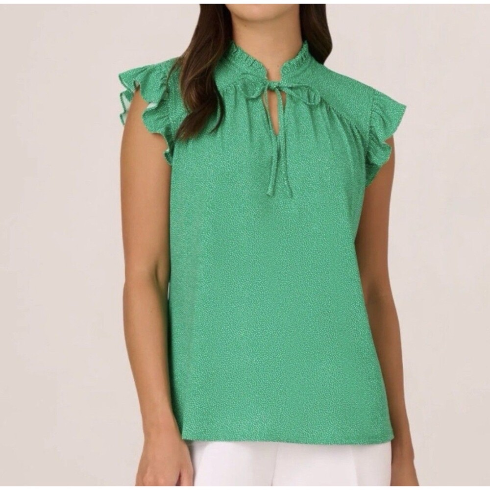 Adrianna Papell Polka Dot Green RUFFLE Blouse TOP Shirt MEDIUM
